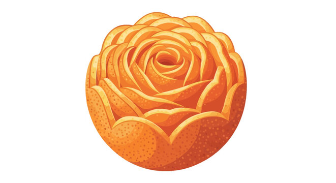 Detailed illustration of an orange fruit intricately carved into a blooming rose flower shape, featuring realistic textured peel and layered petals, isolated on a white background.