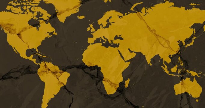 A zoom out video with an orange world map over a brown cracked wall