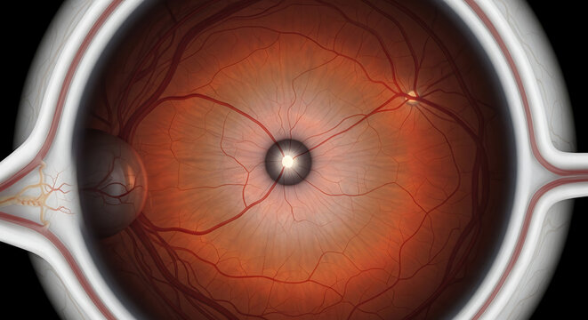 Detailed macro illustration of the human eye anatomy showing a blue iris and pupil circle within the eyeball to visualize optical vision through the cornea and lens