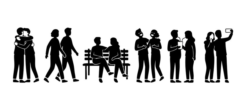 Couple Silhouettes Collection Set, People Socializing and Dating Icons. Romantic pairs hugging, walking, sitting on park bench, drinking and taking selfie photo, minimalist black flat vector illustrat