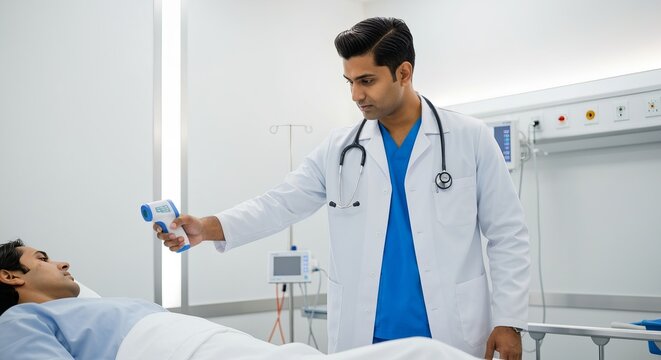 Medical professional measuring patient s temperature for health assessment and diagnosis