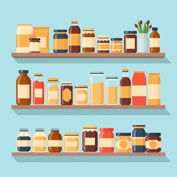 Flat vector illustration featuring three wooden wall shelves organized with various food containers, glass jars, bottles, and packets of pantry staples on a light blue background.