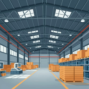 Industrial warehouse interior vector illustration with high metal roof trusses, skylights, storage shelves containing cardboard boxes on pallets, and a factory floor with machinery.
