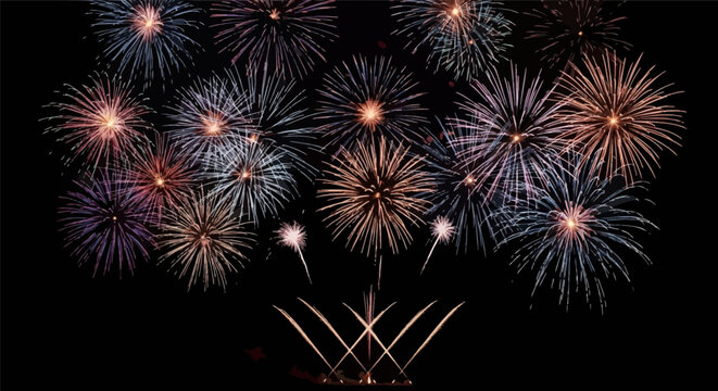 Colorful fireworks display against a black night sky featuring multiple starbursts and chrysanthemums in blue, gold, purple, and orange with ground-level light trails and fountains.