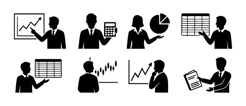 Business People Icons Set with Financial Charts and Data Analysis, Professional Managers Presenting Growth Graphs, Spreadsheet Reports and Corporate Statistics in Minimalist Flat Vector Design