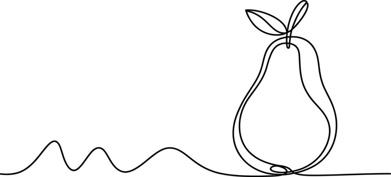 Continuous single line drawing of a fresh pear fruit with a leaf and wavy ground line for minimalist healthy food design and art decoration Vector, illustration