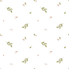 Fototapeta premium Pattern green leaves, branches, red berries. Plants hand drawn watercolor illustration in vintage children's style. Seamless print isolated background for textile design, fabric, clothing packaging