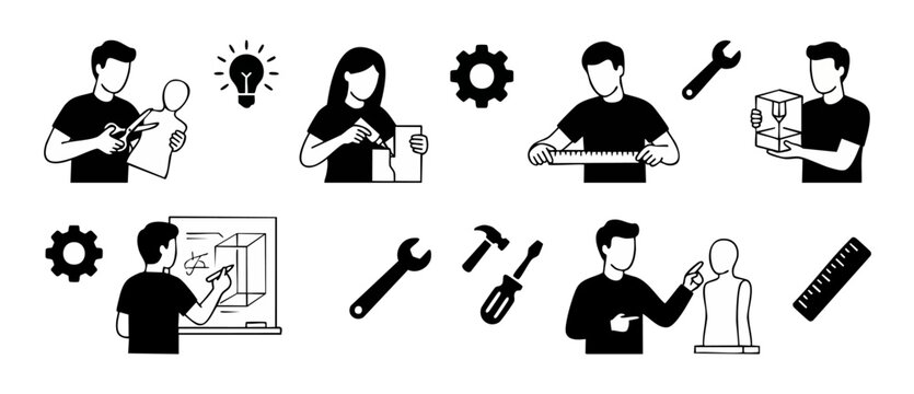 Maker workspace icons set, people designing and crafting prototypes with tools, 3D printing and manual modeling process, engineering creative workflow, flat vector illustration on white background, se