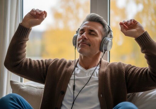 Mature man listening to music with headphones at home