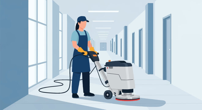 Female janitor in a blue uniform and apron operating a professional industrial floor scrubber and polisher machine in a bright office building or hospital hallway corridor.