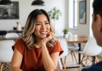 Obraz premium Young asian woman smiling during casual conversation in cafe