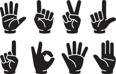 Fototapeta premium Collection of diverse hand gestures and finger signals indicating communication and numbers, presented as black icons on a white background