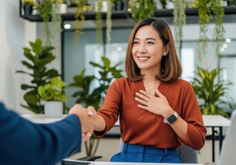 Obraz premium Professional woman shaking hands with a business partner in an office