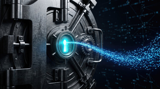 Digital Cybersecurity Vault Door with Data Streams Representing Secure Banking Encryption