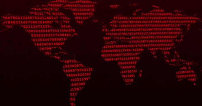 A panning video of a wold map with a red neon code of numbers codifying over a dark red worn out background