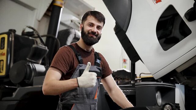Auto mechanic giving thumbs up, smiling in workshop, demonstrating successful vehicle maintenance and repair service