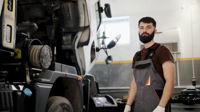 Professional bearded truck mechanic standing in workshop with open truck hood, ready for vehicle inspection and maintenance
