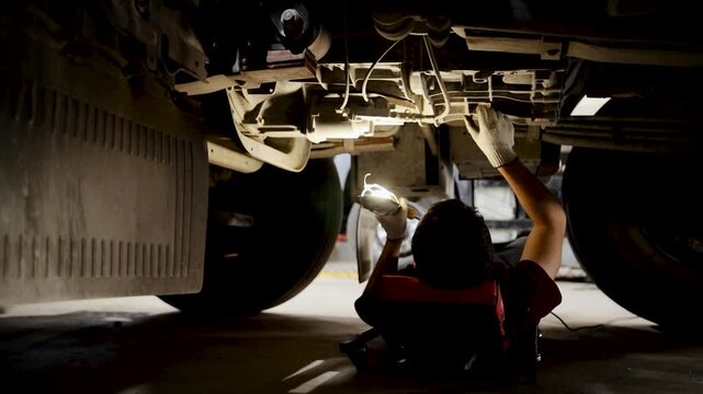 Mechanic repairing truck undercarriage in workshop, performing vehicle inspection and maintenance