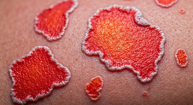 Close up of psoriasis vulgaris  red, itchy, scaly skin patches characterizing psoriatic disease