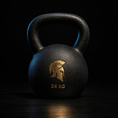Naklejka premium Czarny kettlebell 24 kg ze złotym logo hełmu spartańskiego na ciemnym, teksturowanym tle.