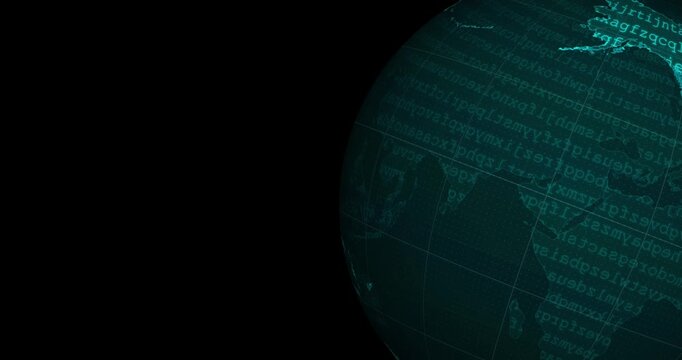 A blue neon tech earth globe at the right side of the screen with a word code blinking and a black background