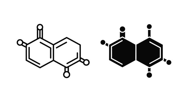Chemical structure icon of quinone molecule in outline and solid black styles for science and research