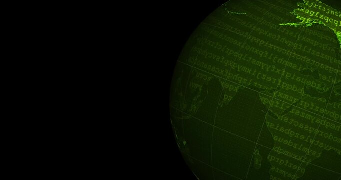 A green neon tech earth globe at the right side of the screen with a word code blinking and a black background