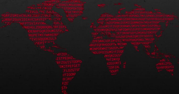 A panning video of a wold map with a red neon code of words codifying over a grey worn out background