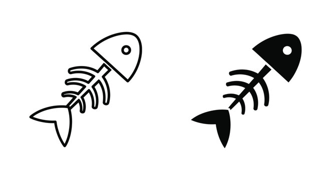 Stylized vector illustrations of a fish skeleton in outline and solid black forms representing a deceased aquatic creature or a warning symbol