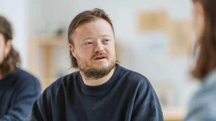 Obraz premium Close Up Portrait of a Man with Down Syndrome and Glasses Talking to Colleagues in a Modern Office Workplace Environment