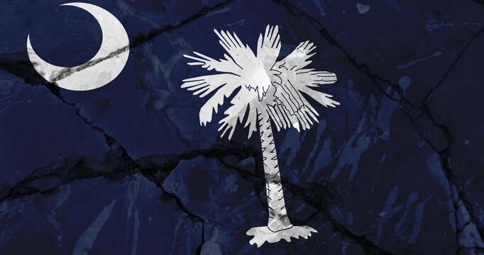 A panning video of a cracked wall with The south carolina state flag of the United States of America