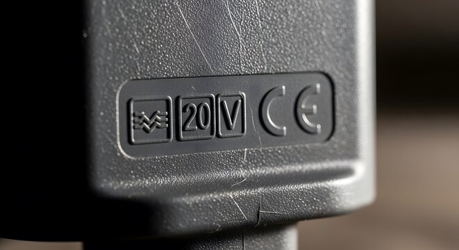 Macro view of a sleek USB wall charger showing the CE certification symbol, symbolizing adherence to health and environmental protection standards for electronic hardware products