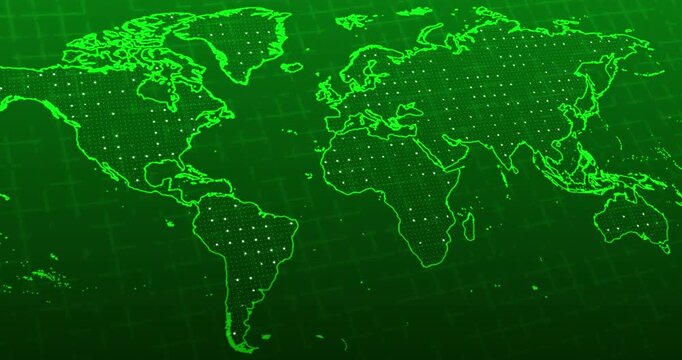 A panning video of a green neon world map with a white blinking balls over a blurred grid on a technology concept