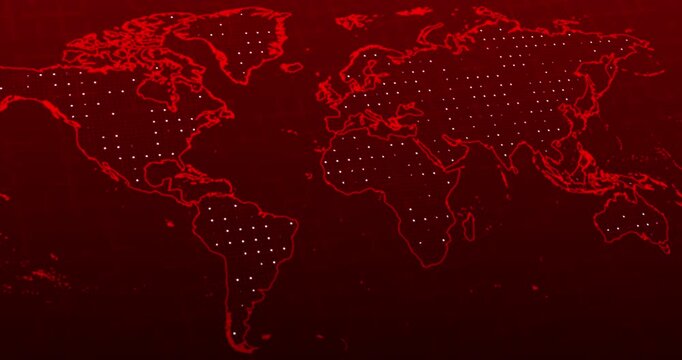 A panning video of a red neon world map with a white blinking balls over a blurred grid on a technology concept