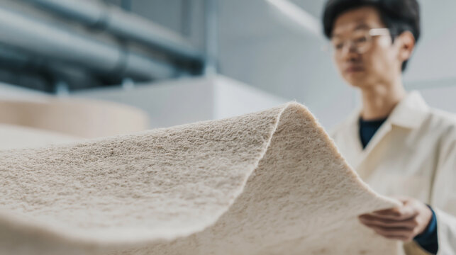 Researchers in an Industrial Laboratory Examining a Large Thick Sheet of Beige Natural Fiber Material for Material Science Development