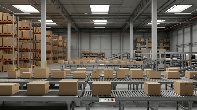 Warehouse interior with cardboard boxes on inactive conveyor belts