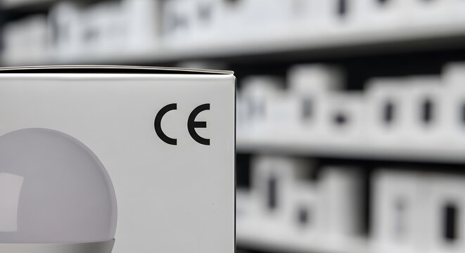 Close-up of a white product packaging for an LED bulb featuring a clear CE mark, symbolizing European safety standards and regulatory compliance for consumer electronics and lighting products.