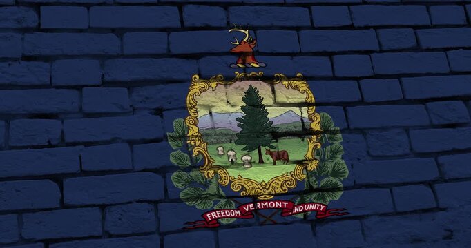 A panning video of a brick wall with the vermont state flag of the United States of America