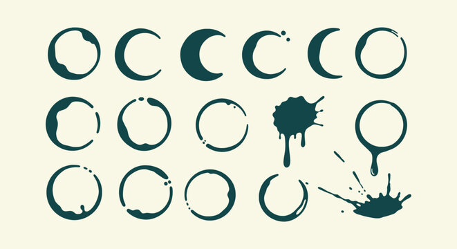 Vintage dark teal coffee cup stains set with circular ink rings and artistic paint splatters icons