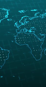 A panning vertical video of a blue neon world map with a white blinking balls over a blurred grid on a technology concept