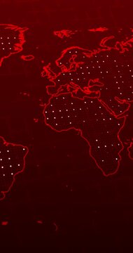 A panning vertical video of a red neon world map with a white blinking balls over a blurred grid on a technology concept