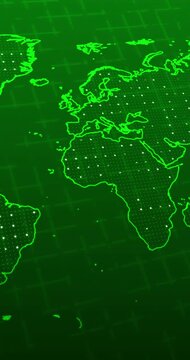 A panning vertical video of a green neon world map with a white blinking balls over a blurred grid on a technology concept