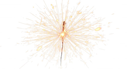 Fototapeta premium A bright, glowing sparkler emitting golden sparks and light rays in a starburst pattern against a solid black background