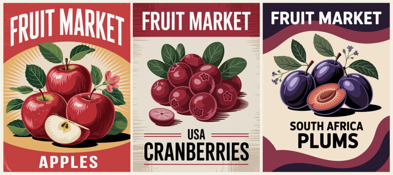 Vibrant fruit market signs display red apples, cranberries, and plums. Each photo features fresh produce with leafy greens and cut slices. Designs use bold fonts and warm backgrounds for visual appeal