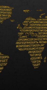 A panning vertical video of a wold map with an orange neon code of words codifying over a grey worn out background