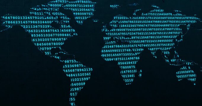 A panning video of a wold map with a blue neon code of numbers codifying over a dark blue worn out background