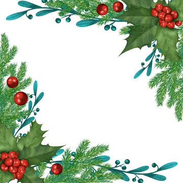 Christmas Frame border with Holly plants, red berries, Fir Branches , Hand drawn Winter Illustration , good for Greeting Cards , Invitation , decoration , packaging