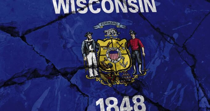 A panning video of a cracked wall with The wisconsin state flag of the United States of America