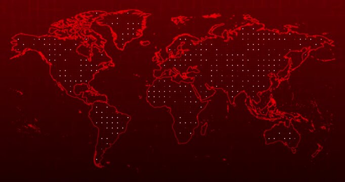 an animation of a red neon map of the world with a white blinking lights on a technology concept