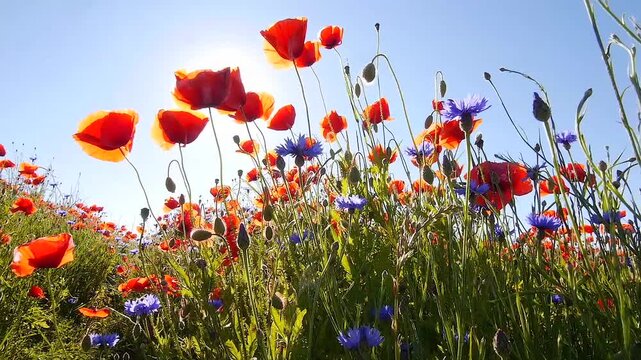 blooming poppies, Papayer rhoeas, and cornflowers  against the sky  46